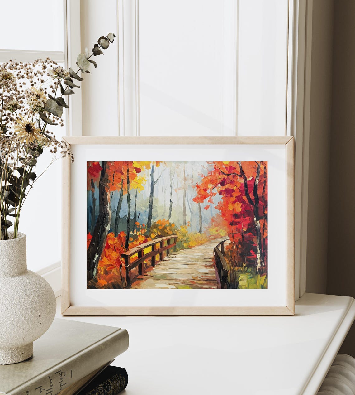 Wooden Footbridge In Misty Autumn Forest Fall Trail Scene Poster - Image 6