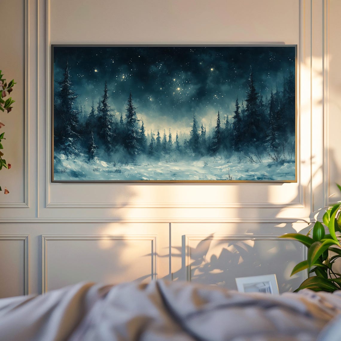 Snowy Winter Forest Under Stars Misty Moonlit Pines Night Scene Poster - Image 4