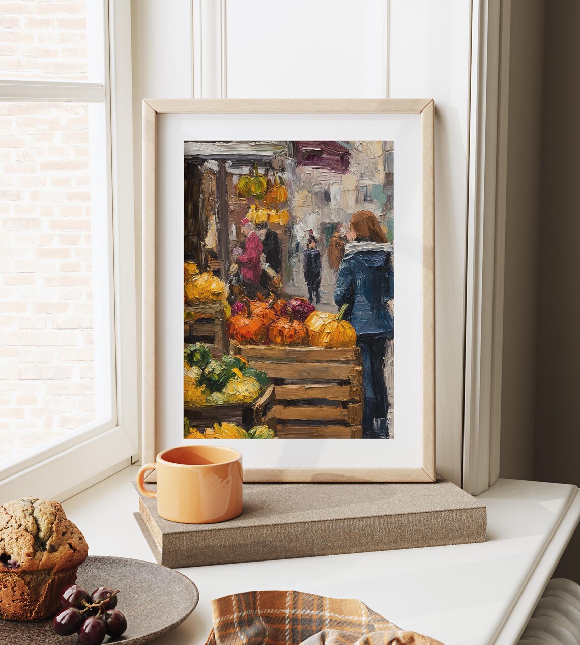 Busy Autumn Farmers Market with Pumpkin Crates and Shoppers Poster - Image 6