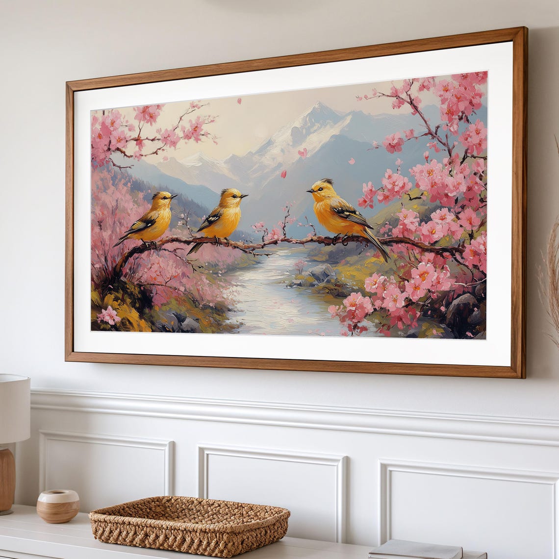 Three Golden Songbirds On Blossom Branch Mountain River Poster - Image 2
