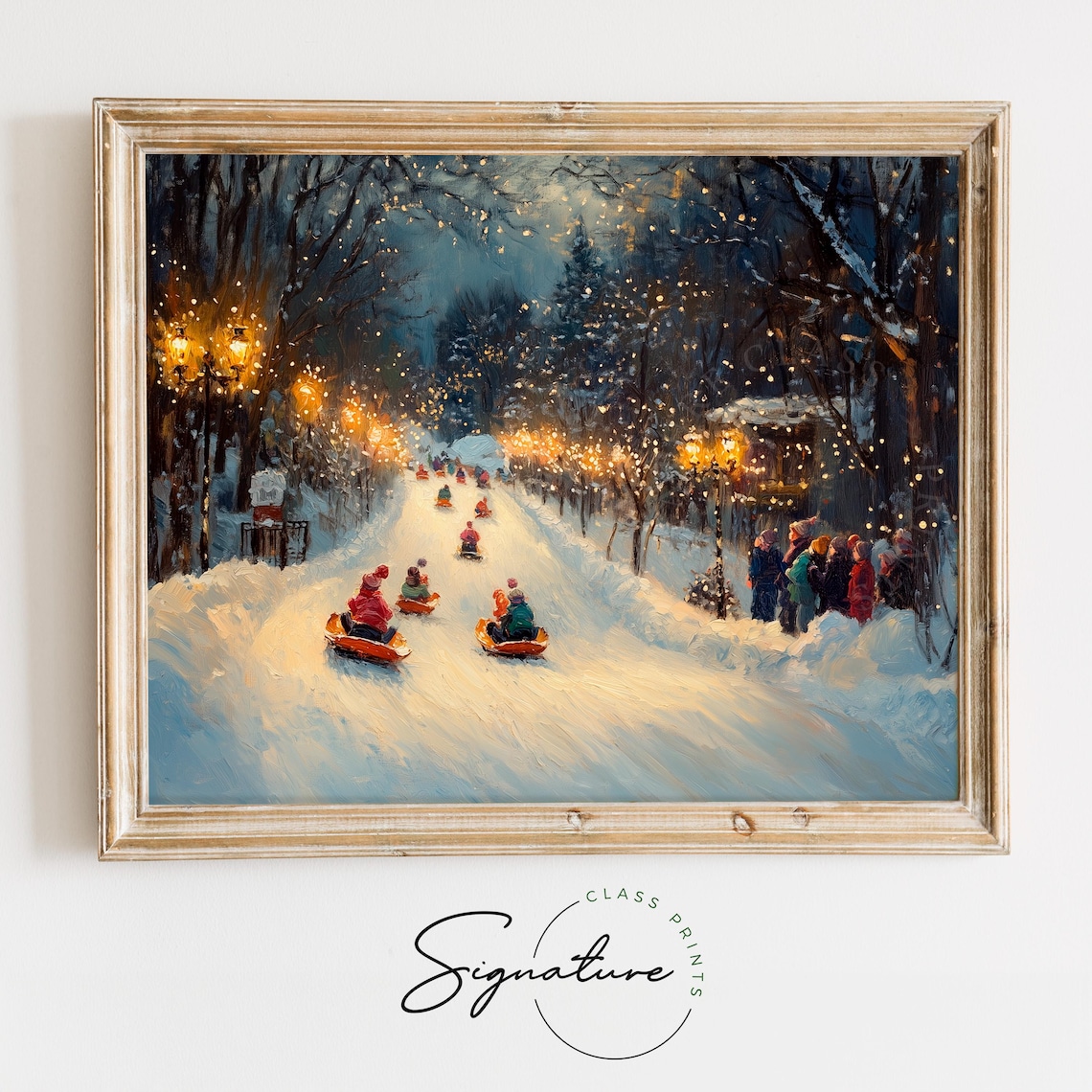 Children Sledding on Snowy Hill Winter Evening Oil Painting Print