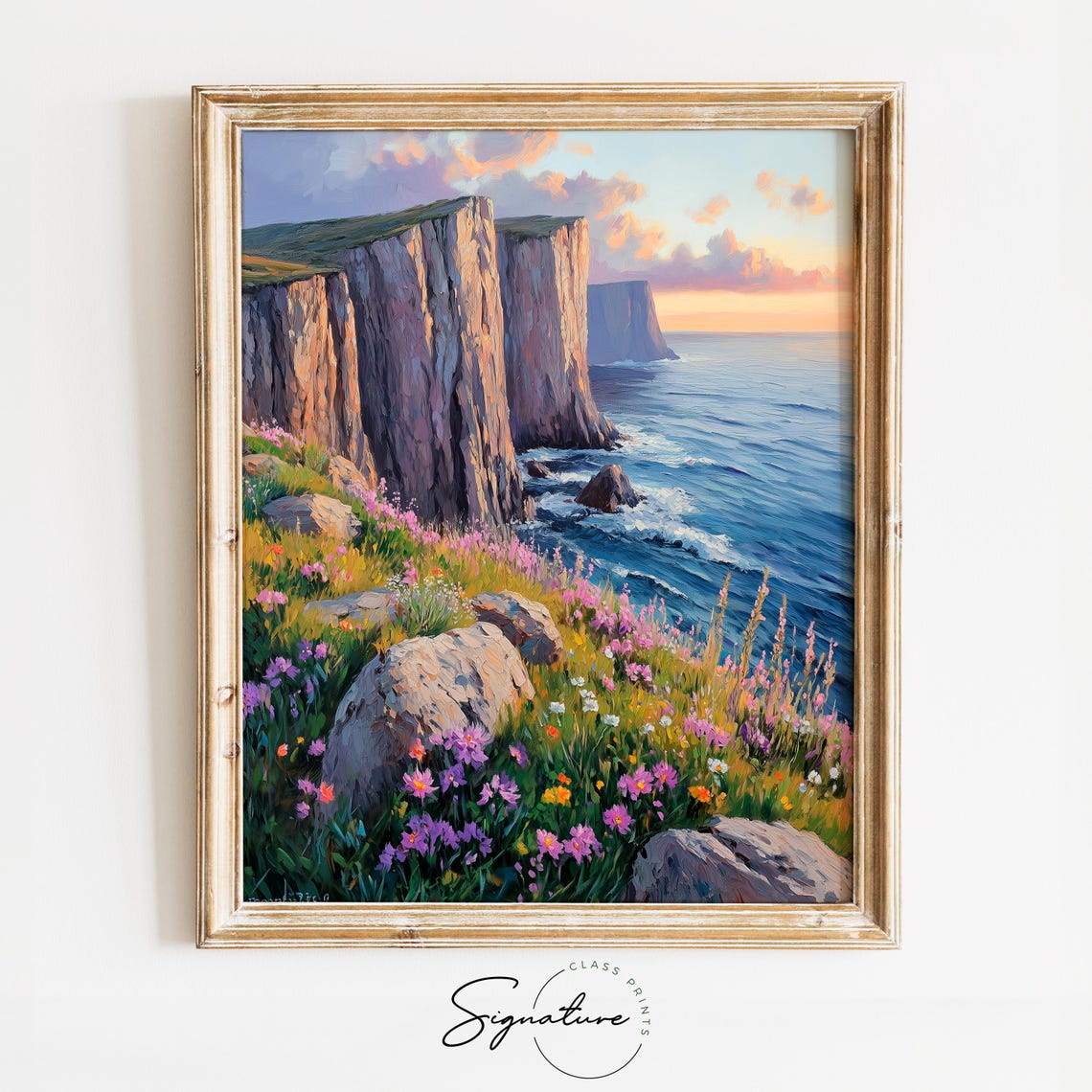 Dramatic Coastal Cliffs Sunset Ocean Wildflowers Oil Painting Poster