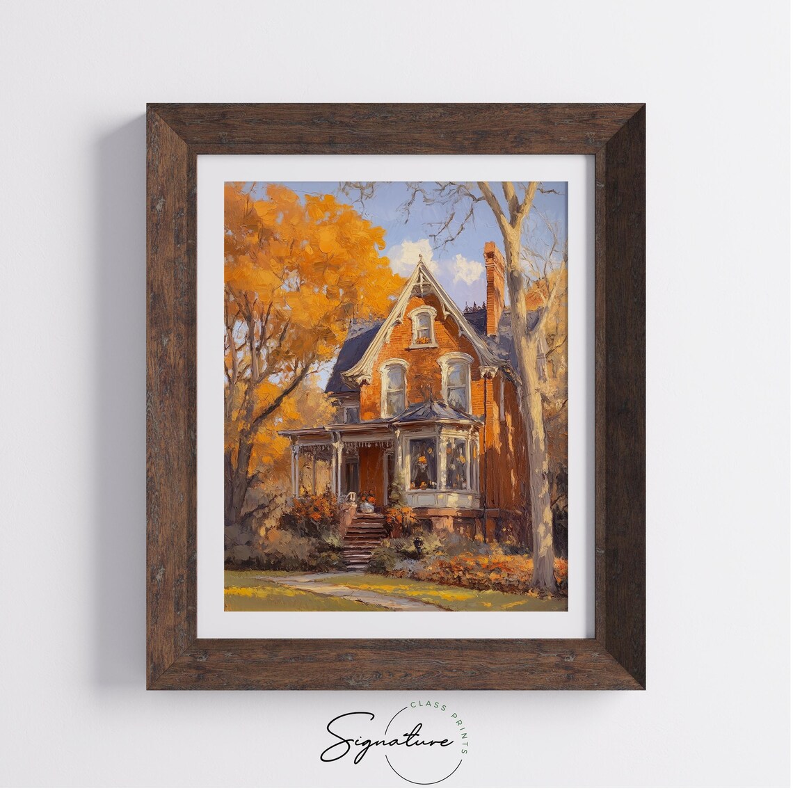 Victorian Brick House With a Grand Porch Framed by Orange Maples Poster - Image 4