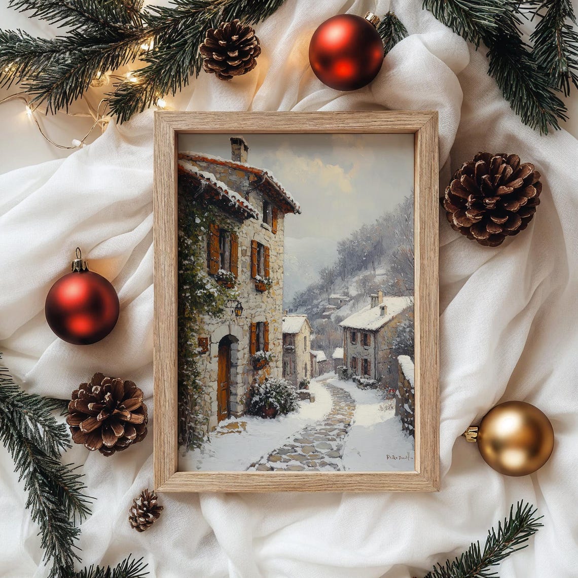 Frosty Cobblestone Street With Ivy Rustic Village Winter Poster - Image 4