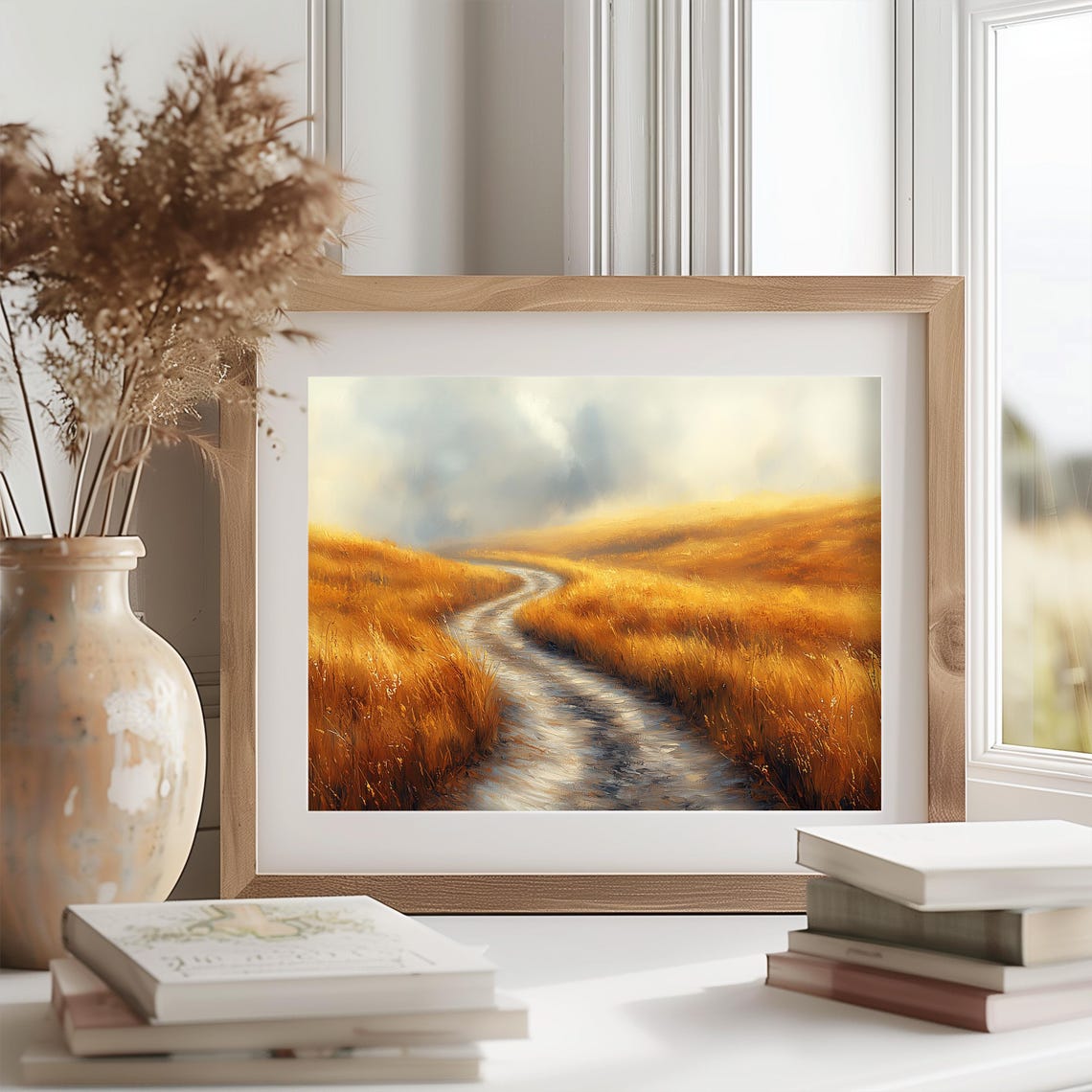 Misty Golden Wheat Field Dirt Path Minimalist Country Wall Print - Image 2