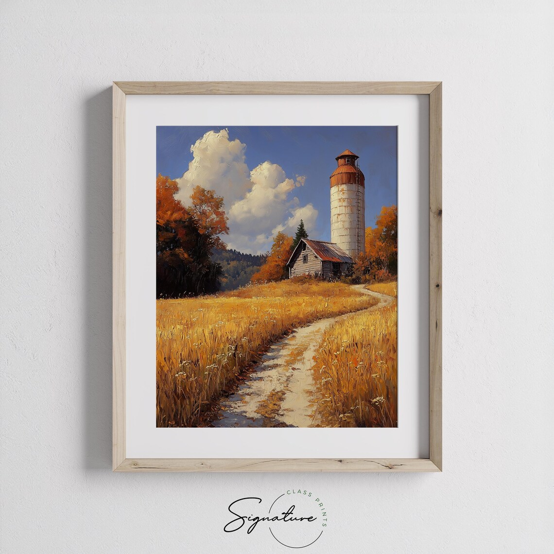 White Silo With Red Top and Wooden Barn on Golden Autumn Farm Road Wall Art - Image 3