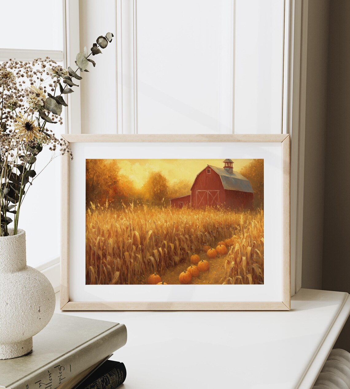 Red Barn Sunset Painting Golden Cornfield Pumpkins Autumn Fall Decor Poster - Image 6