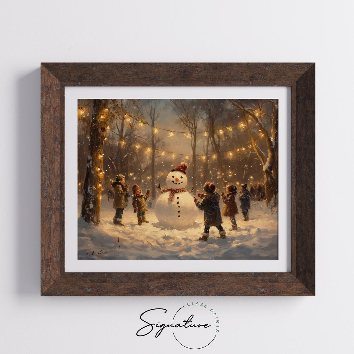 Children Building Snowman Under String Lights Snowy Night Poster - Image 5