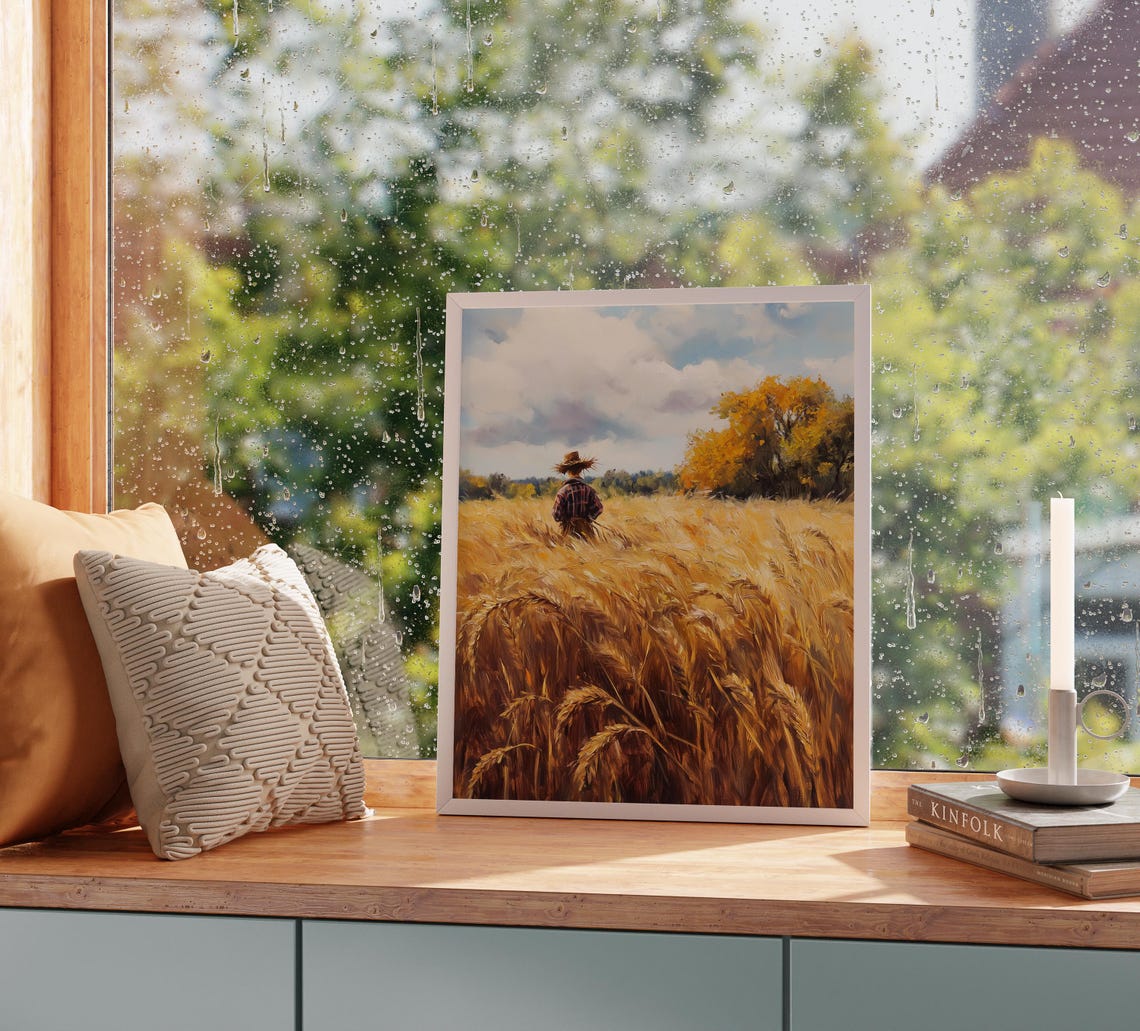 Lone Farmer Walking Through a Golden Wheat Field at Harvest Poster - Image 2