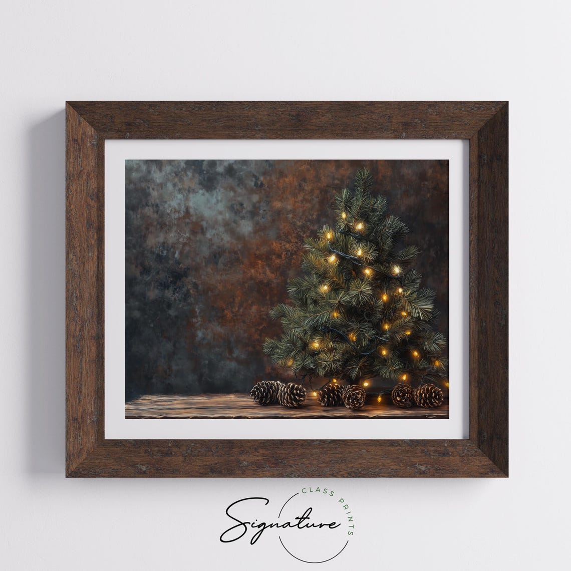 Rustic Mini Evergreen Tree with Lights and Pinecones on Wood Poster - Image 5