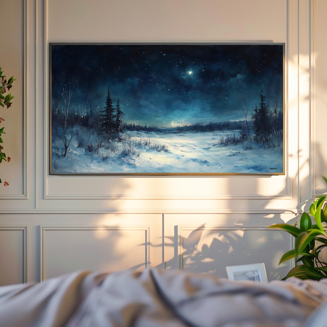 Starry Winter Night Over Snowy Meadow With Bright Moon Night Art Poster - Image 4