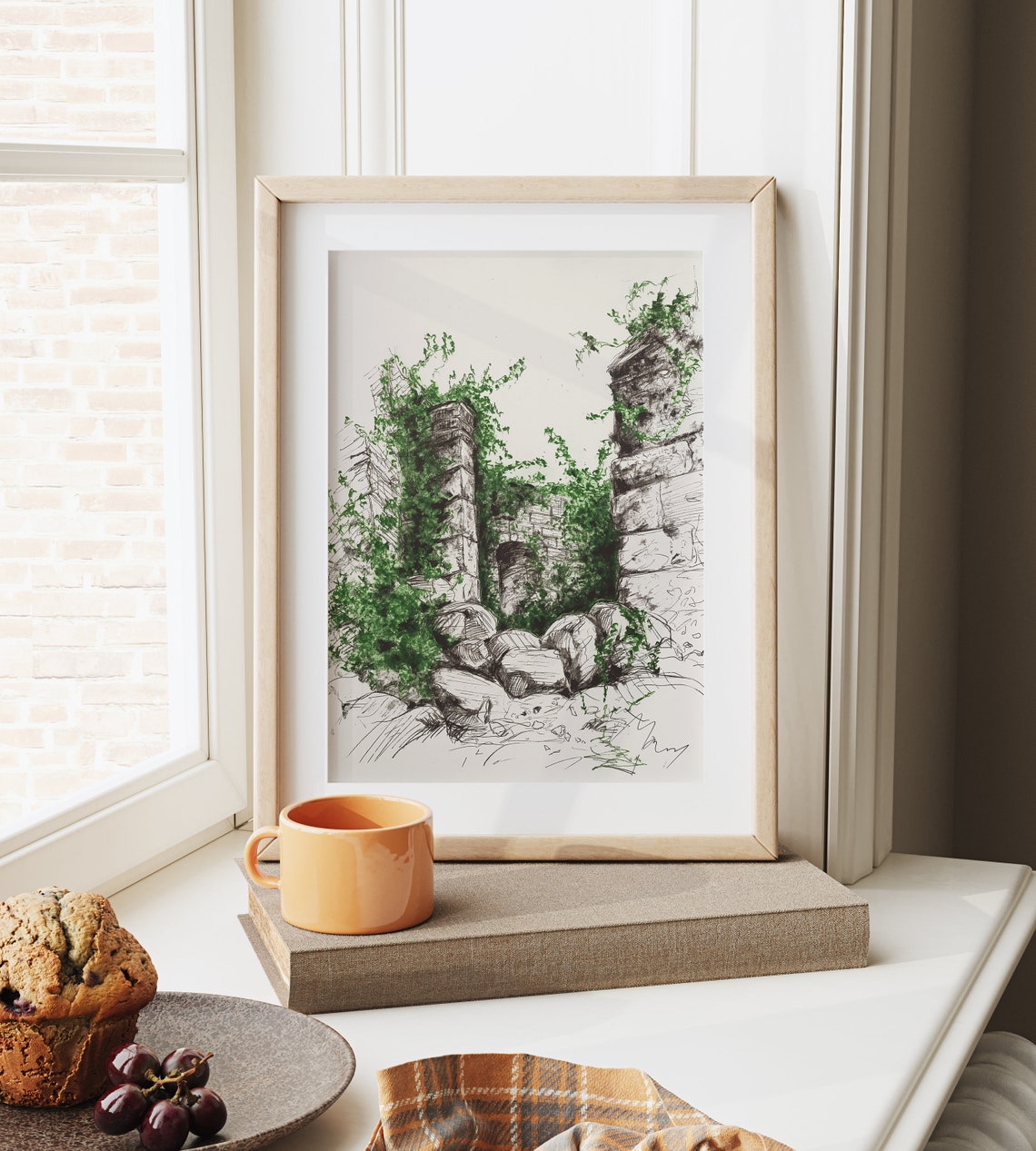 Ancient Stone Ruins Covered In Ivy Green Watercolor Sketch Poster - Image 6