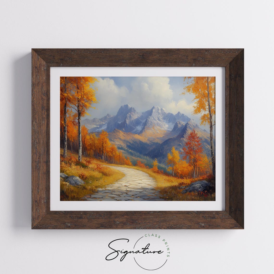 Rocky Path Through Fiery Autumn Forest Toward Mountain Peaks Poster - Image 5