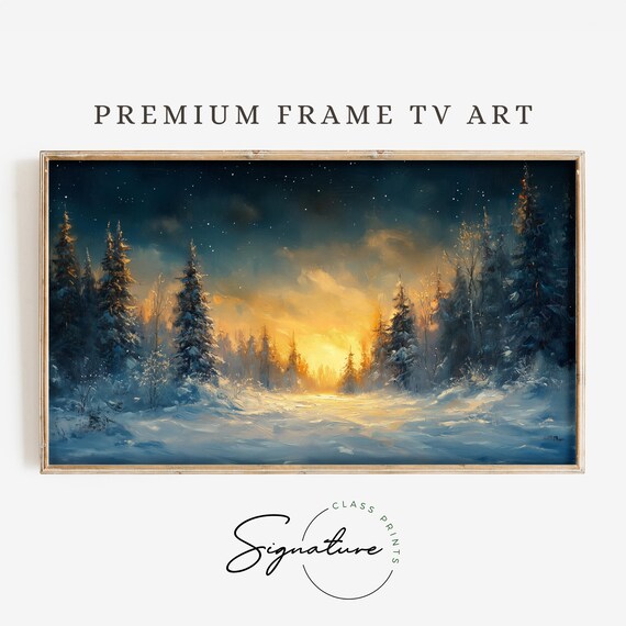 Snowy Starry Night Forest With Warm Golden Sunset Glow Poster