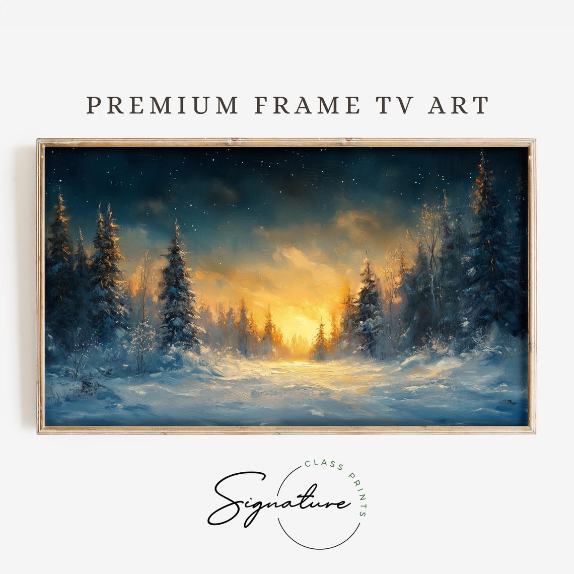 Snowy Starry Night Forest With Warm Golden Sunset Glow Poster
