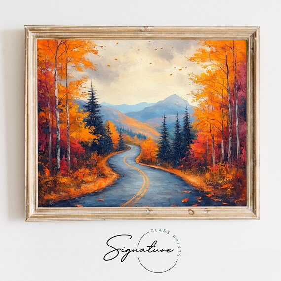 Curving Road Birch Forest Falling Leaves Mountain Oil Painting Poster