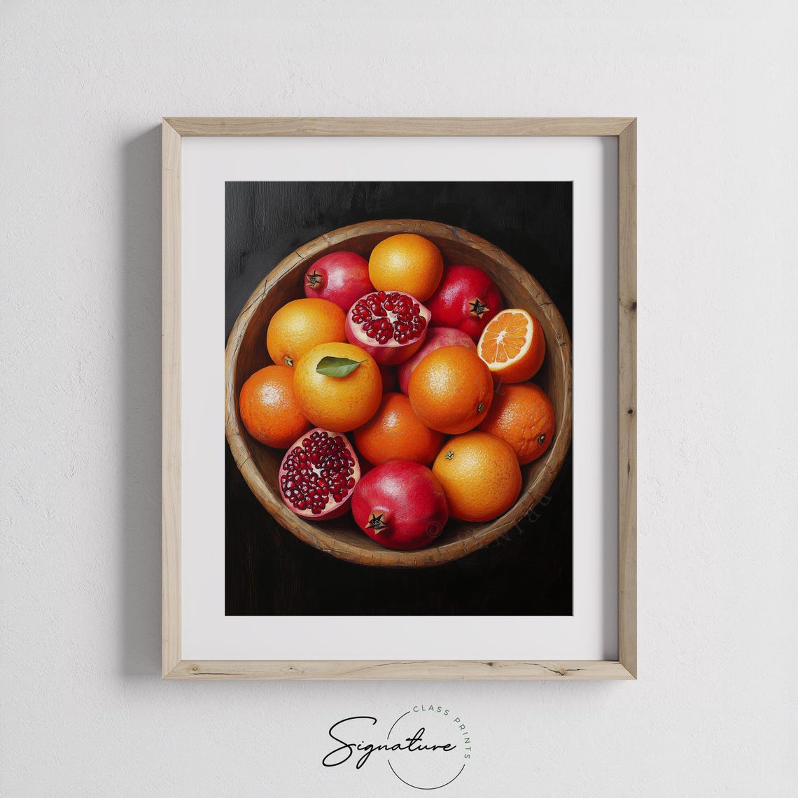 Wooden Bowl Of Oranges And Pomegranates Rustic Fruit Painting Poster - Image 3