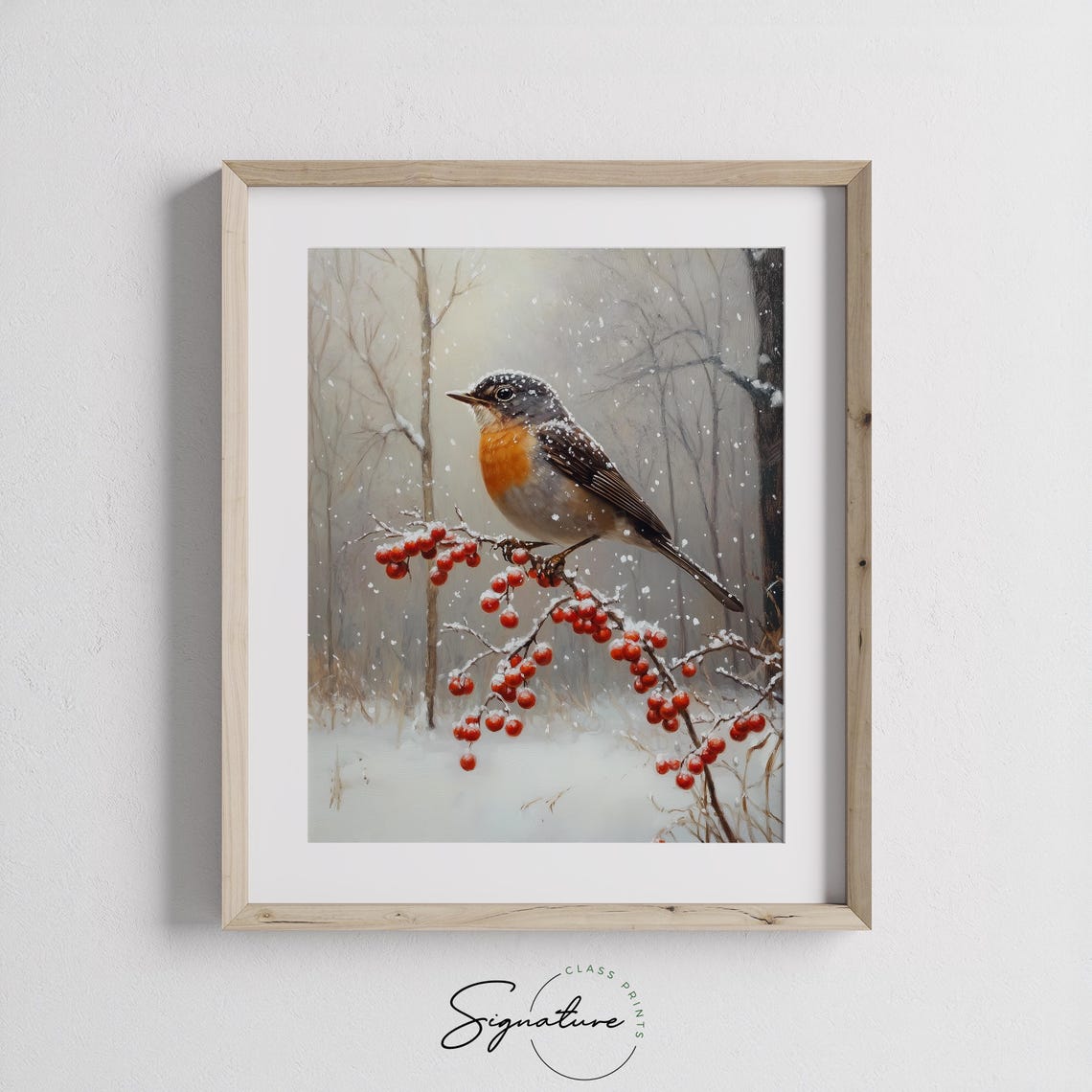 Robin On Frosty Berry Branch In Falling Snow Winter Art Poster - Image 3