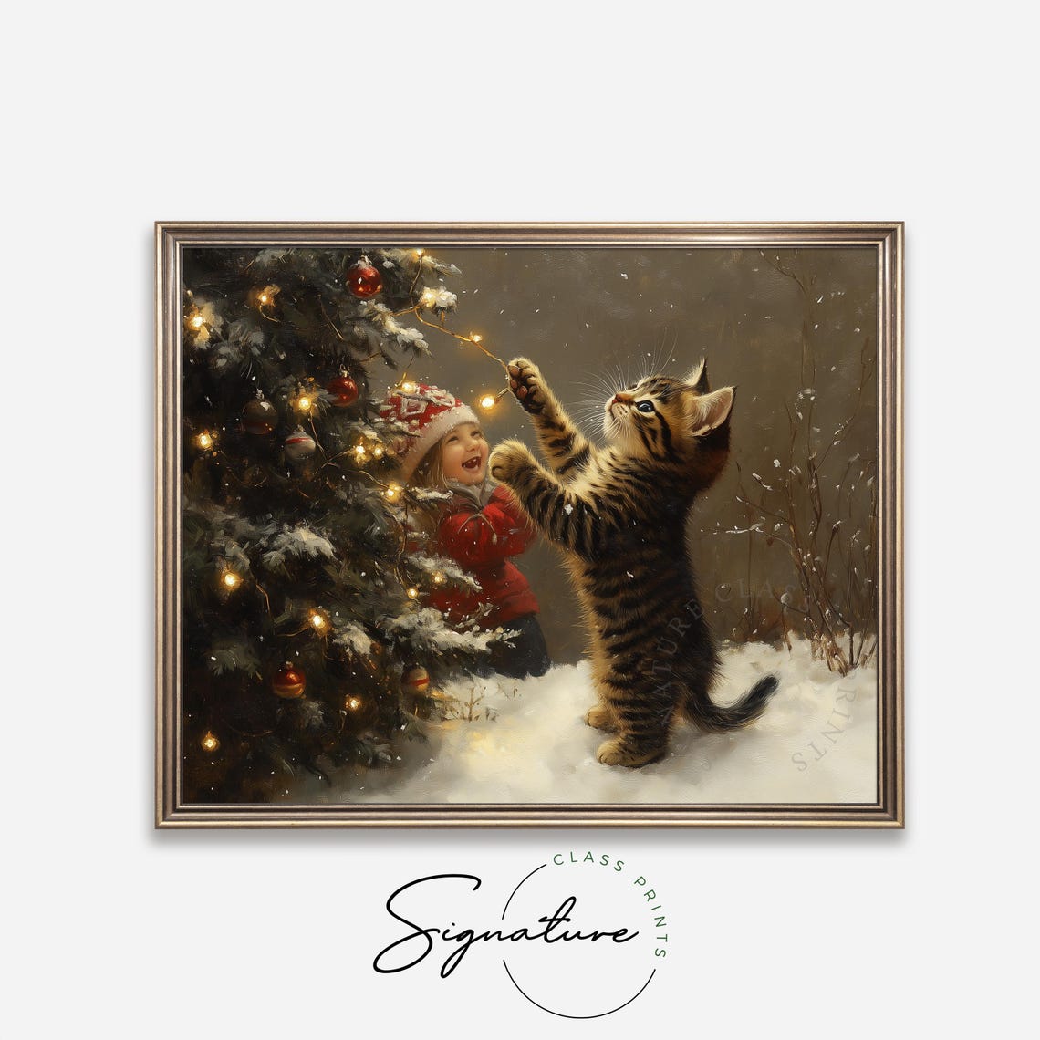 Tabby Kitten Pawing at Christmas Lights with Laughing Child Poster - Image 4