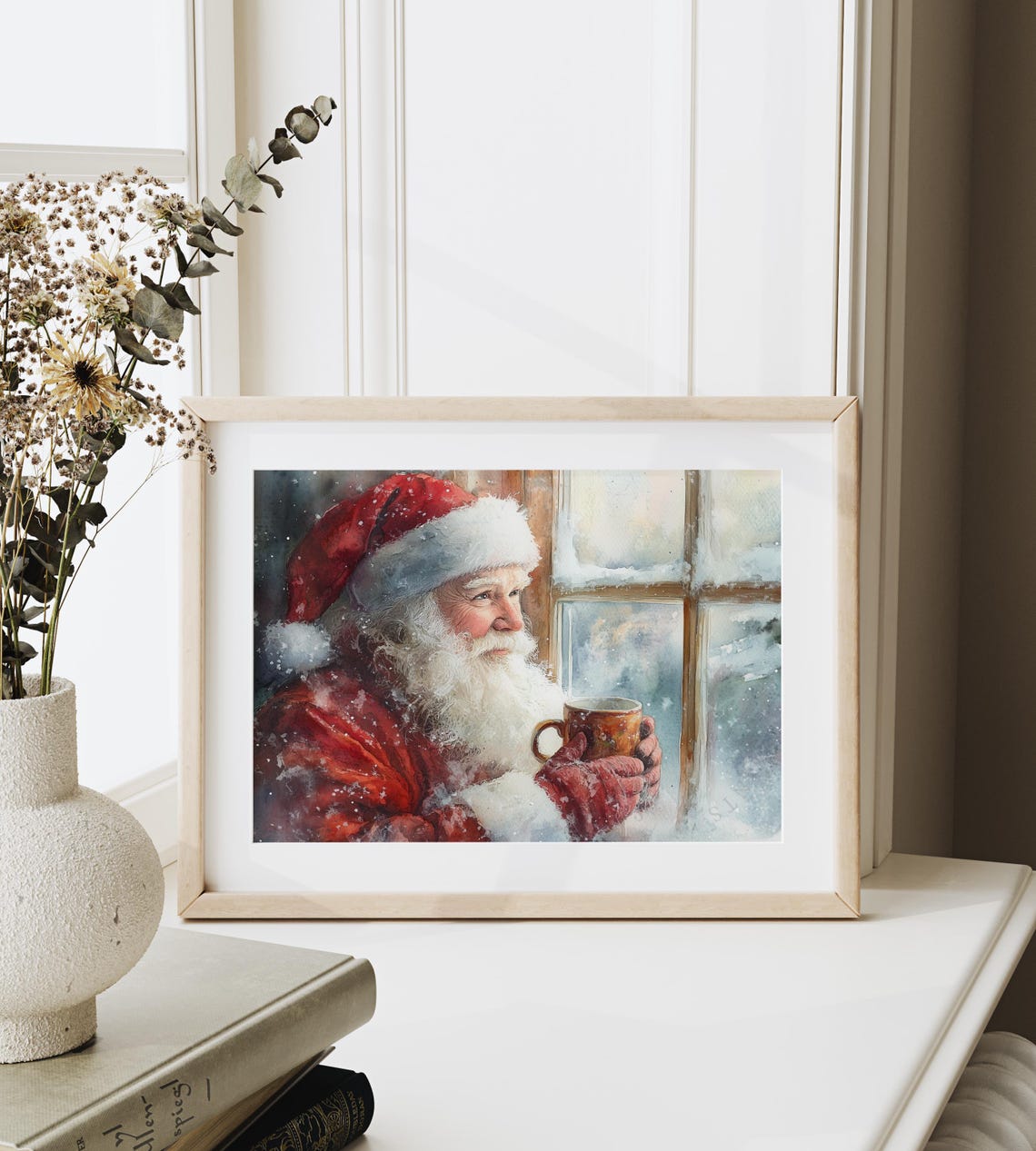 Santa Claus With A Warm Mug Gazing Out A Snowy Window Art Poster - Image 6