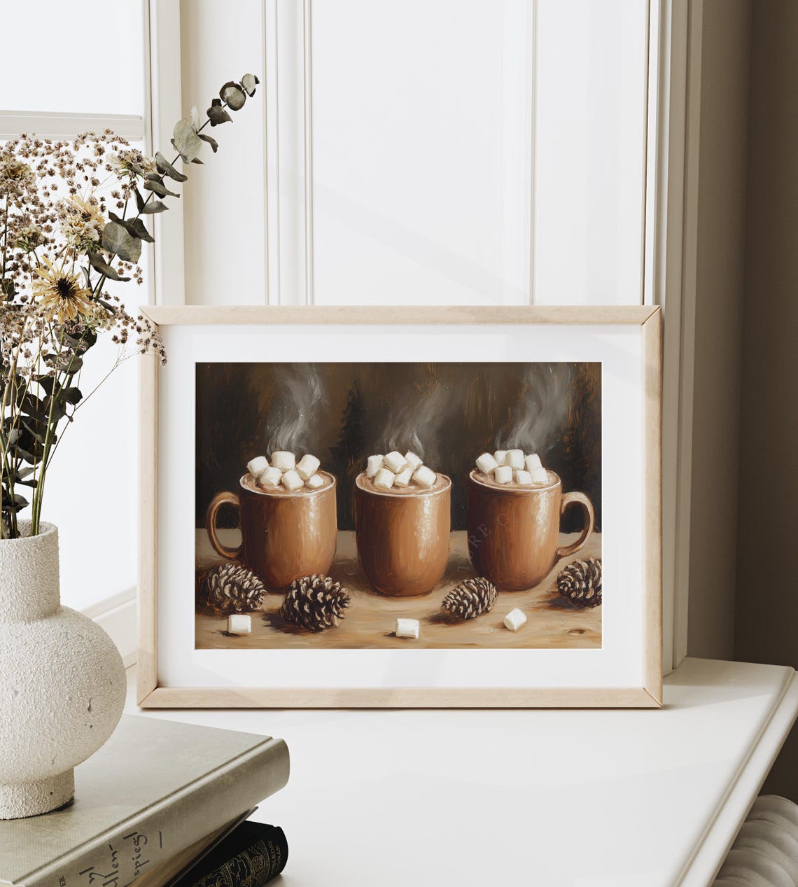 Three Steaming Hot Cocoa Mugs With Marshmallows On Wood Poster - Image 6