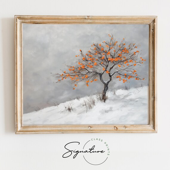 Lone Persimmon Tree With Orange Fruit Winter Snow Hillside Poster