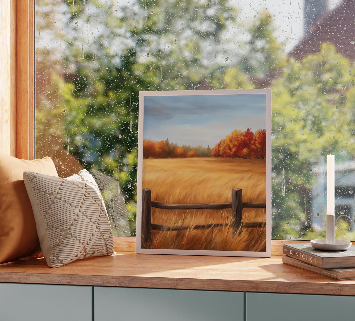 Golden Field and Rustic Rail Fence Under Autumn Sky Landscape Poster - Image 2