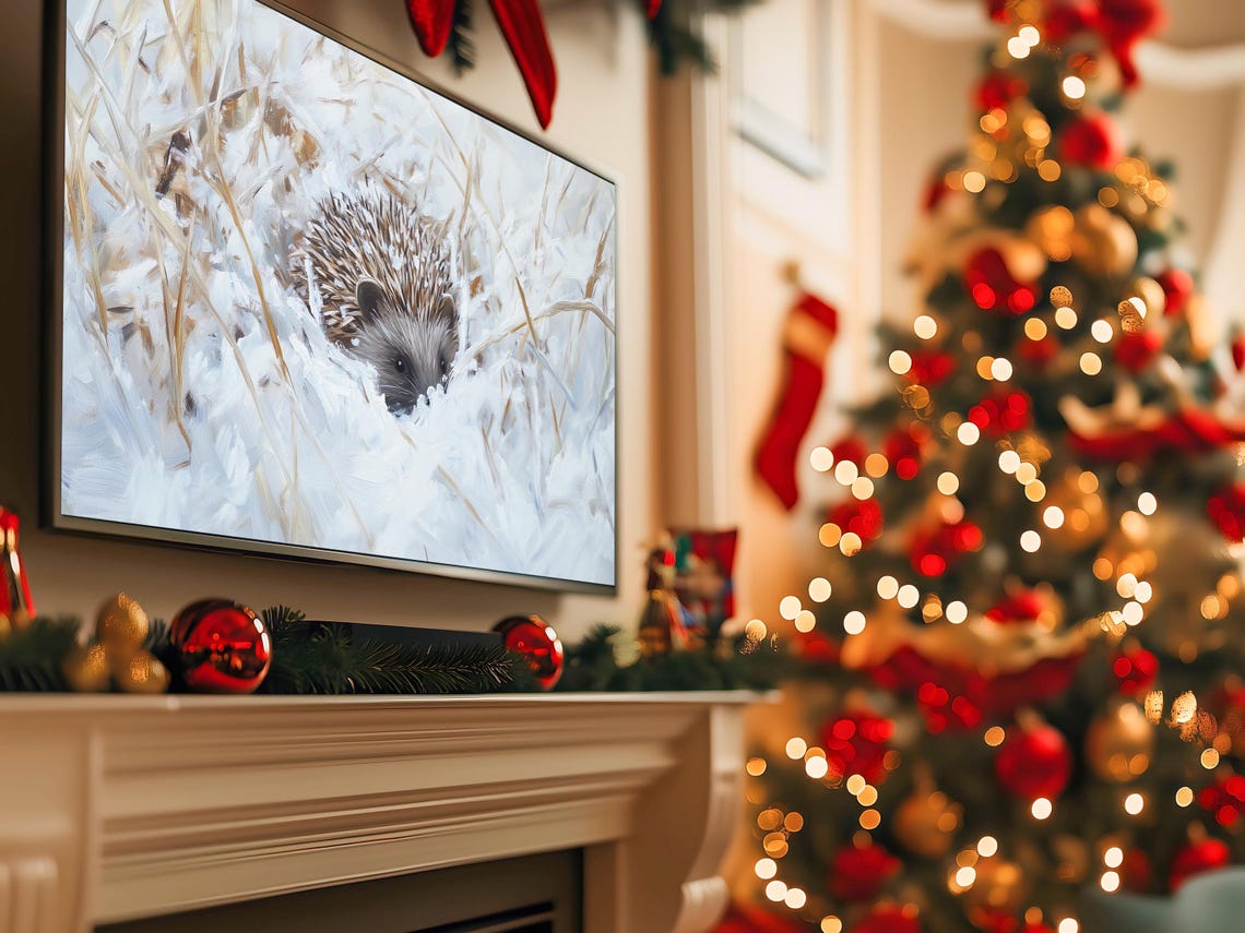 Hedgehog Nestled in Snowy Grasses Winter Wildlife Art Poster - Image 5