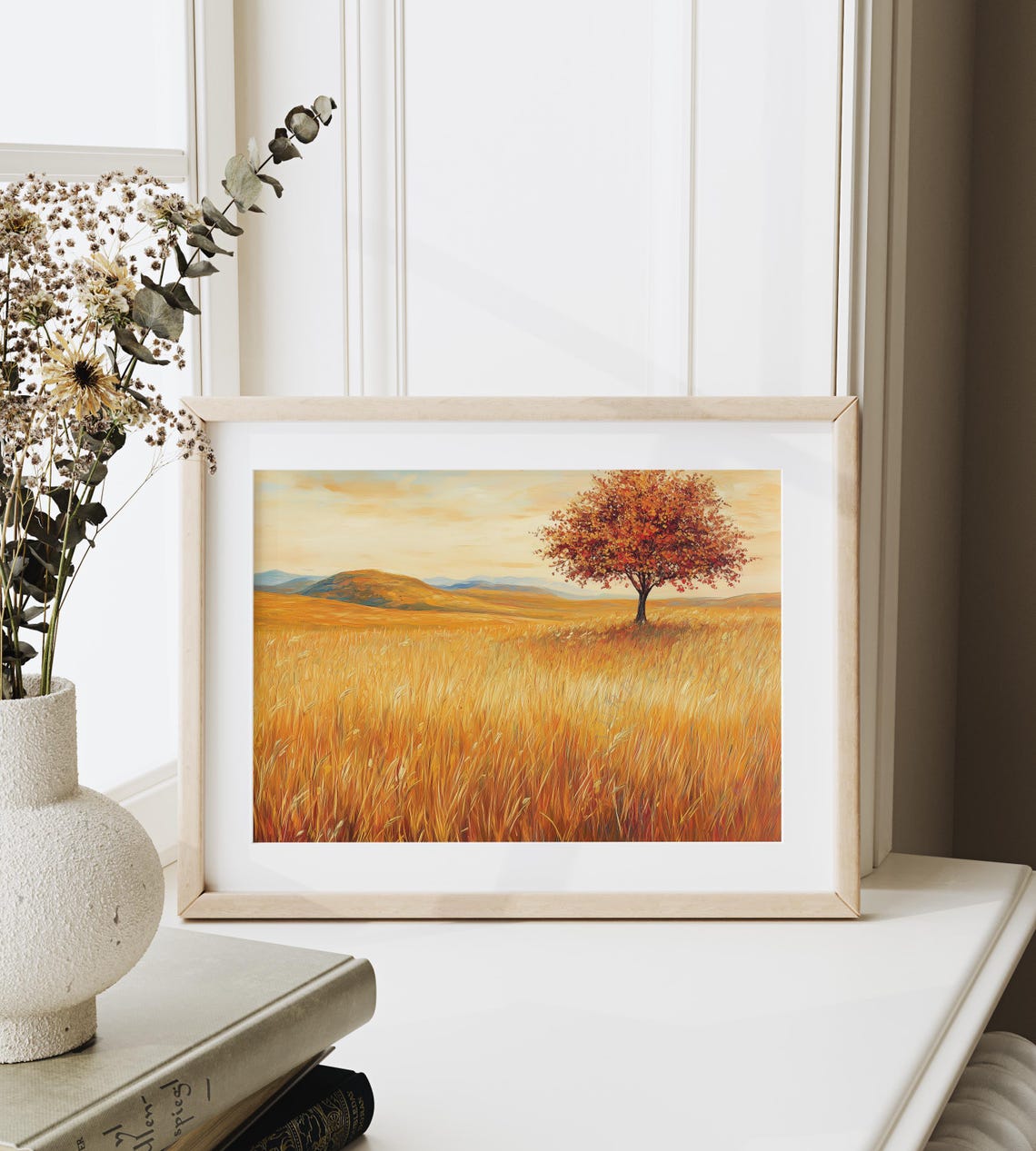 Lone Autumn Tree Standing In Golden Wheat Field Hills Poster - Image 6