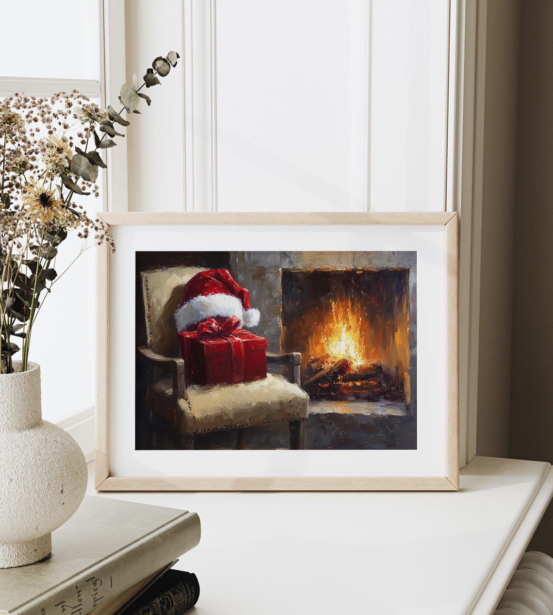 Santa Hat And Red Gift Box On Chair By A Glowing Fireplace Poster - Image 6