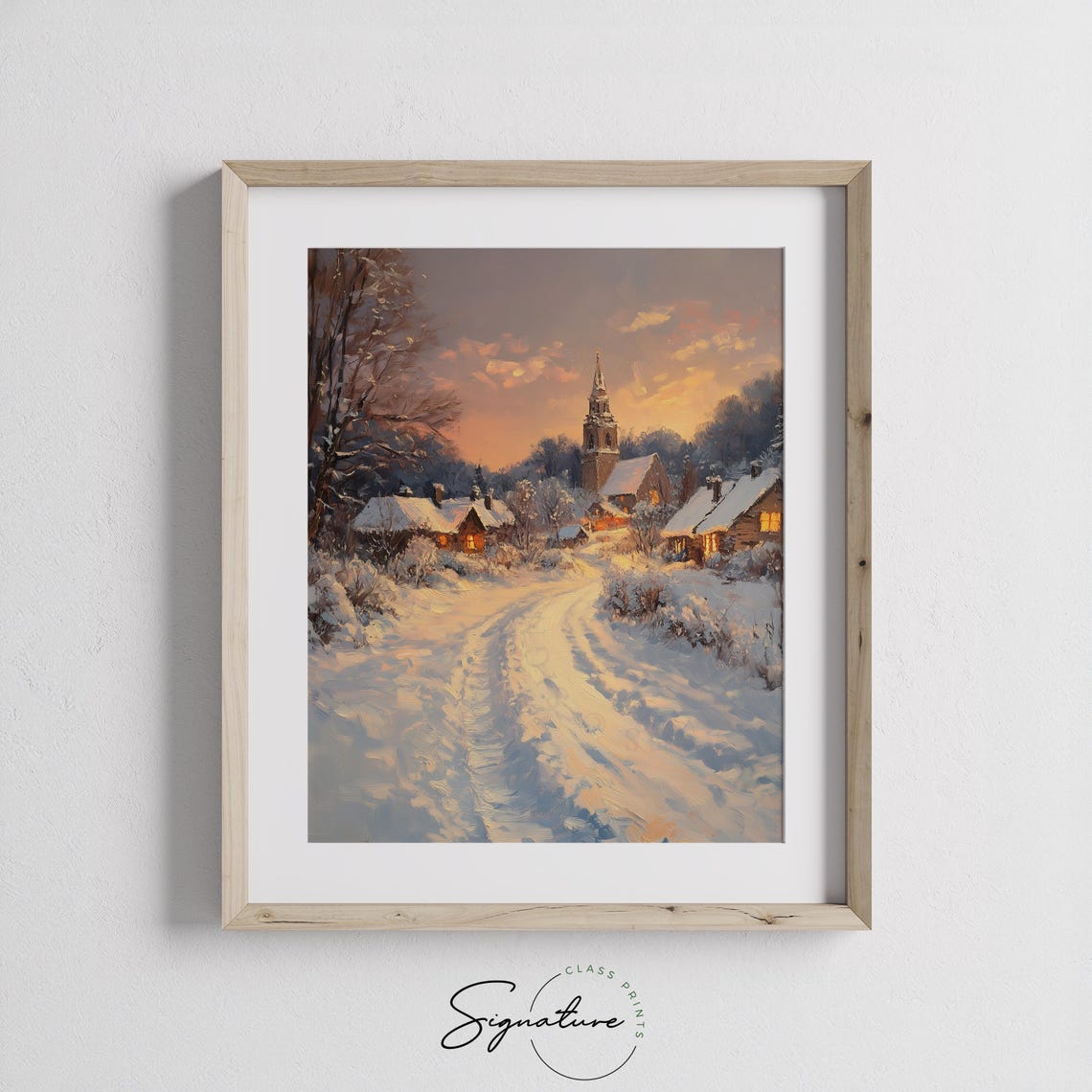 Snowy Village at Sunset with Church Steeple and Cottages Poster - Image 2