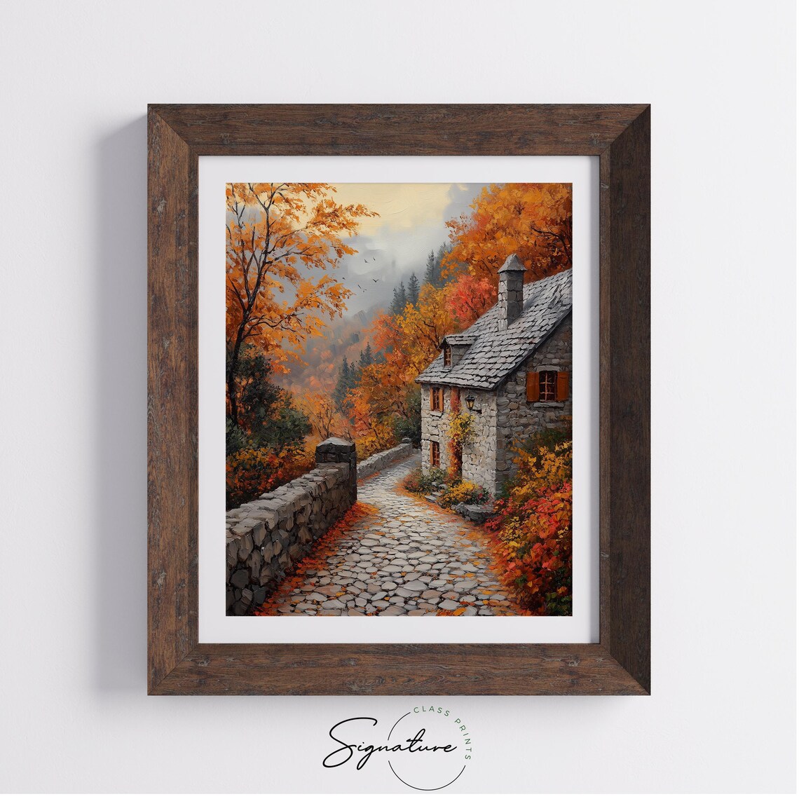Stone Cottage Autumn Lane Cobblestone Misty Hills Slate Roof Poster - Image 4