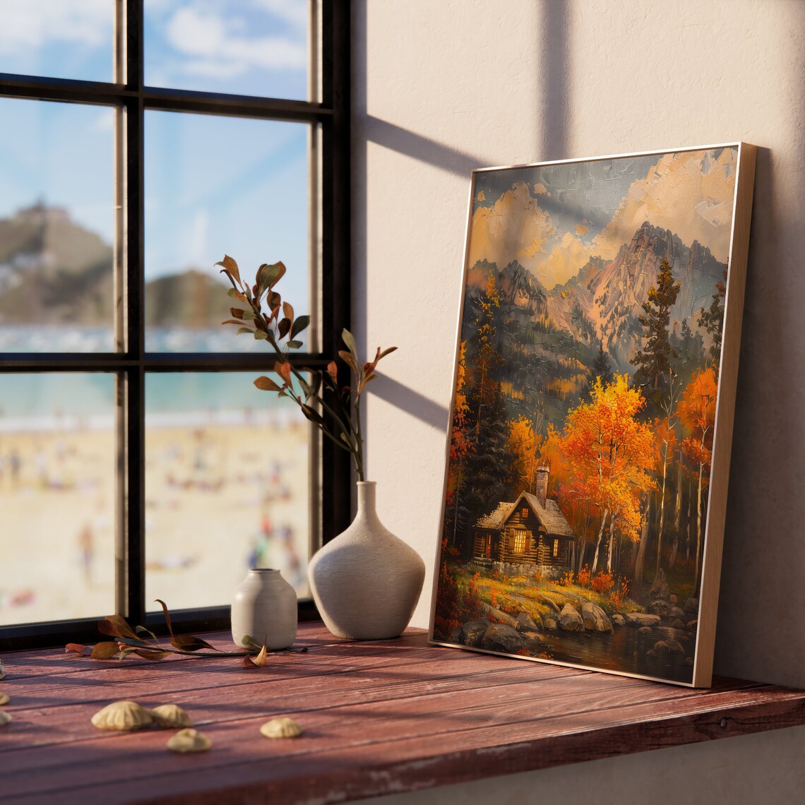 Cozy Log Cabin In Autumn Forest Beneath Rugged Mountain Peaks Poster - Image 5