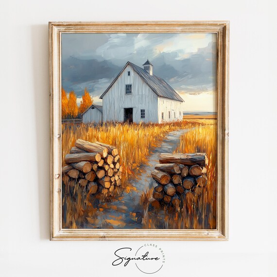 White Barn With Stacked Firewood in Golden Wheat Under Stormy Sky Wall Art