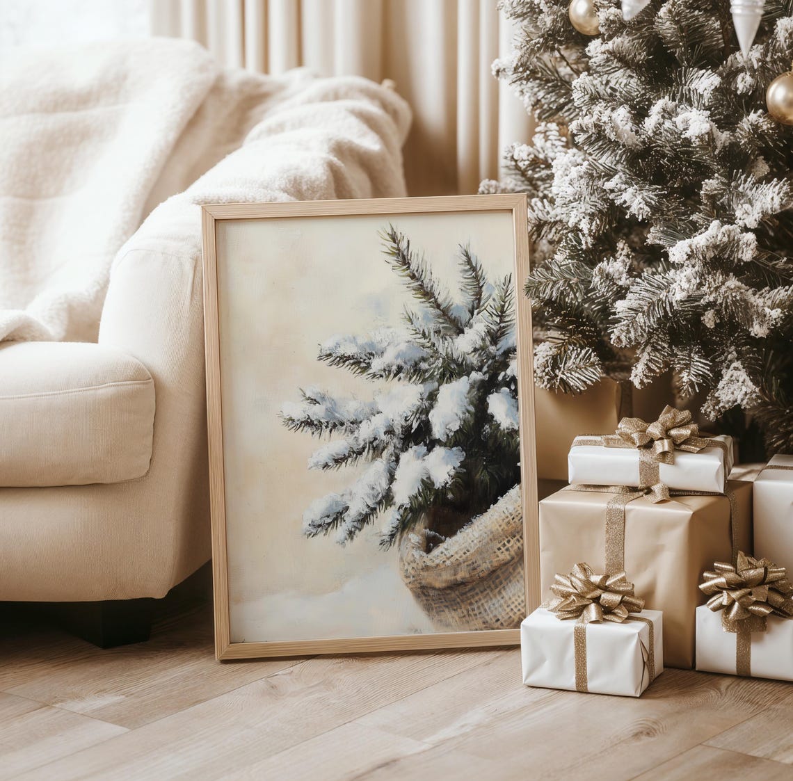 Snow Covered Pine Sprig In Burlap Sack Soft Winter Still Life Wall Art - Image 2