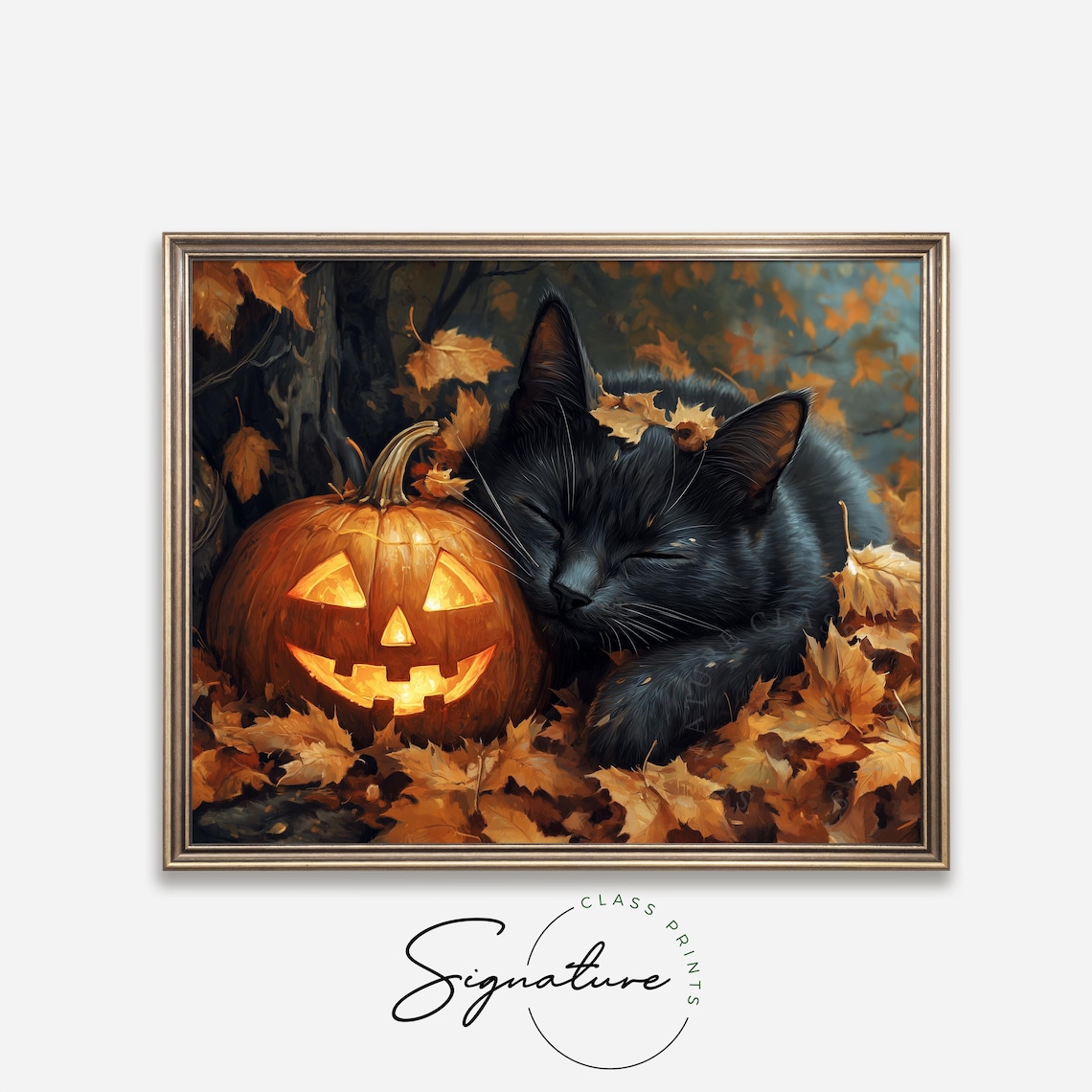 Sleeping Black Cat Nestled Against a Glowing Pumpkin in Fall Leaves Poster - Image 4