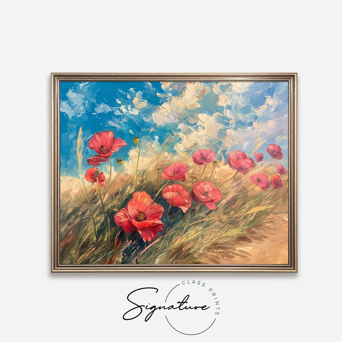 Red Poppies in Grass Bright Blue Sky Impressionist Oil Painting Poster - Image 4