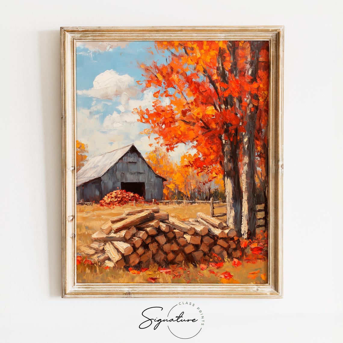 Weathered Gray Barn Firewood Pile Autumn Maple Trees Farm Poster