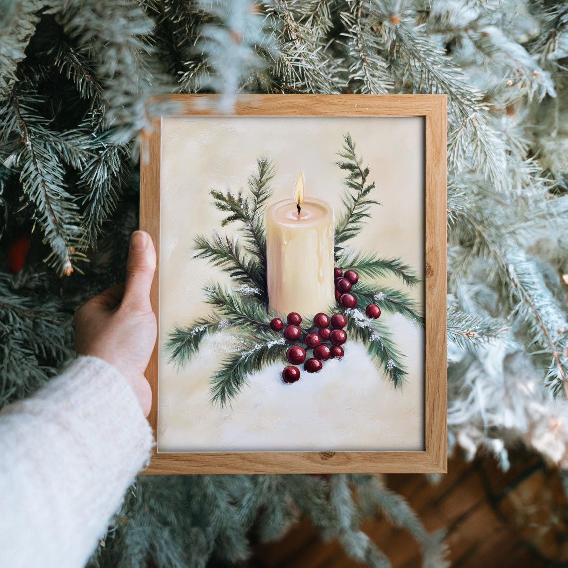 Lit Holiday Candle With Pine And Red Berries On Fresh Snow Poster - Image 6