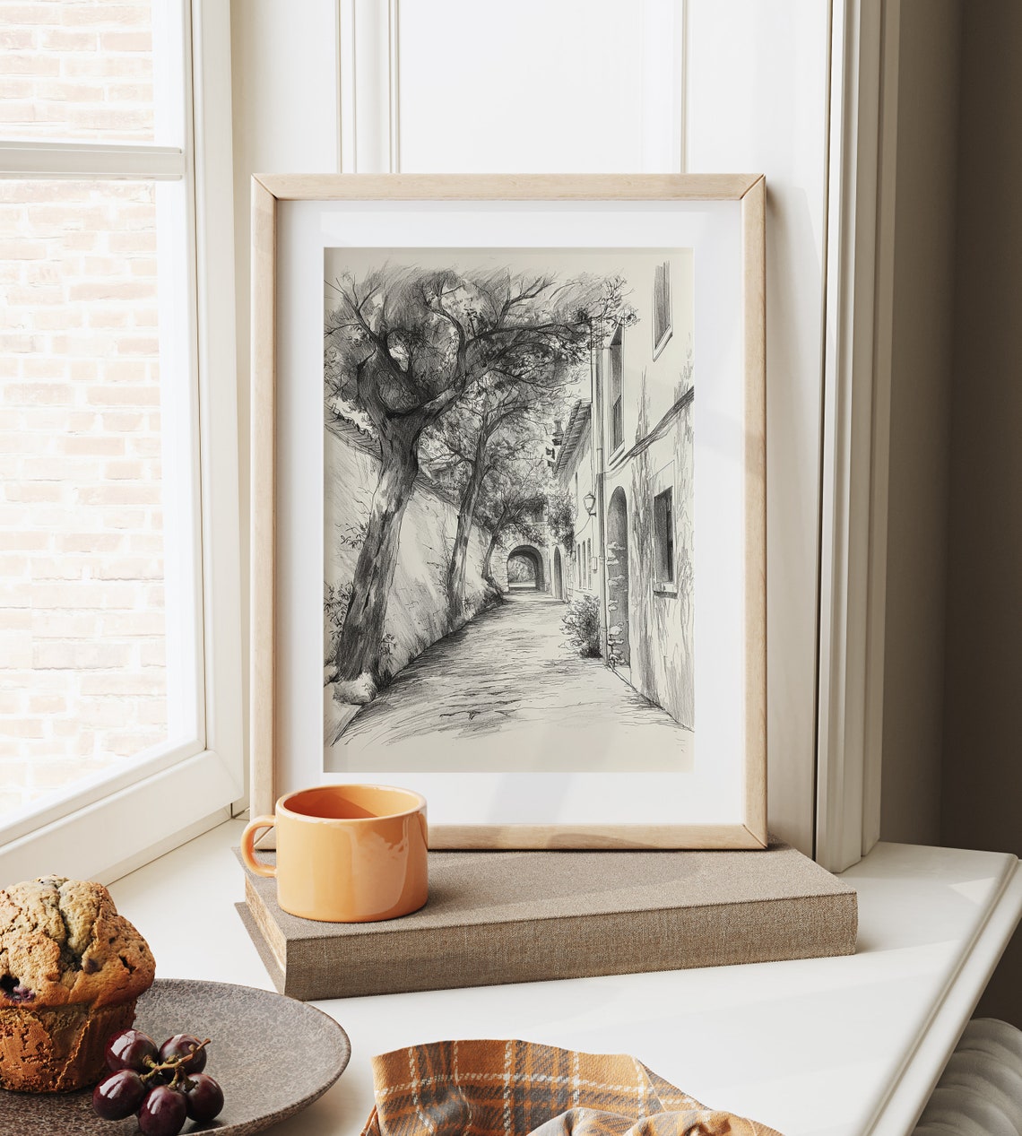 Old Town Alley With Arches And Trees Vintage Street Sketch Poster - Image 6