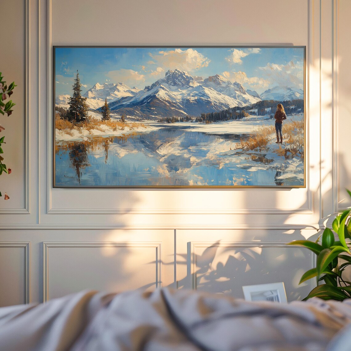 Snowy Mountain Lake Reflection With Lone Woman On Shore Poster - Image 4