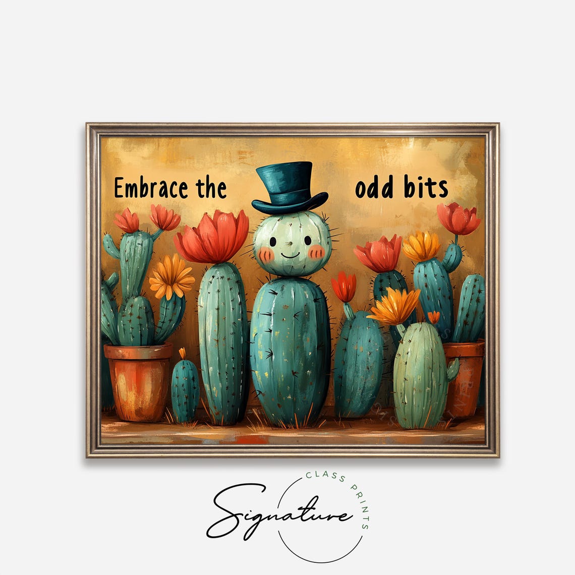 Embrace The Odd Bits Quote Smiling Cactus In Top Hat Quirky Art Poster - Image 4