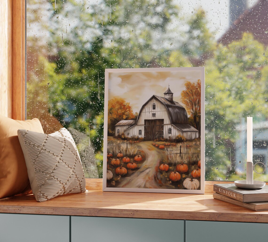 White Barn Surrounded by Pumpkins on Winding Farm Lane in Autumn Wall Art - Image 2