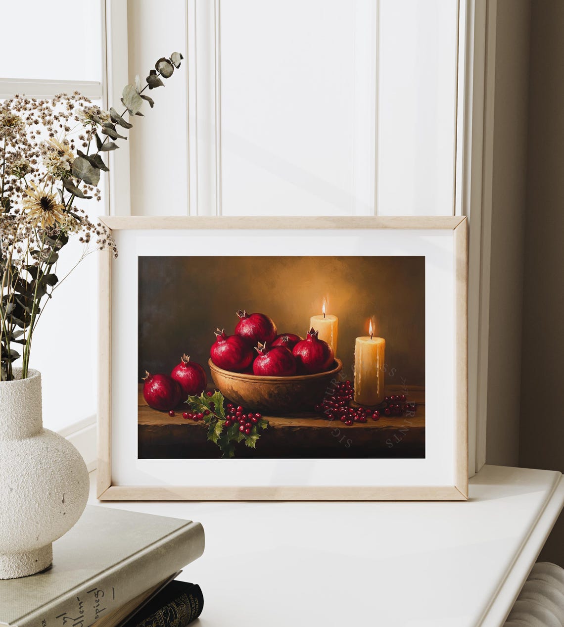 Pomegranates And Candles Moody Christmas Still Life Art Poster - Image 6