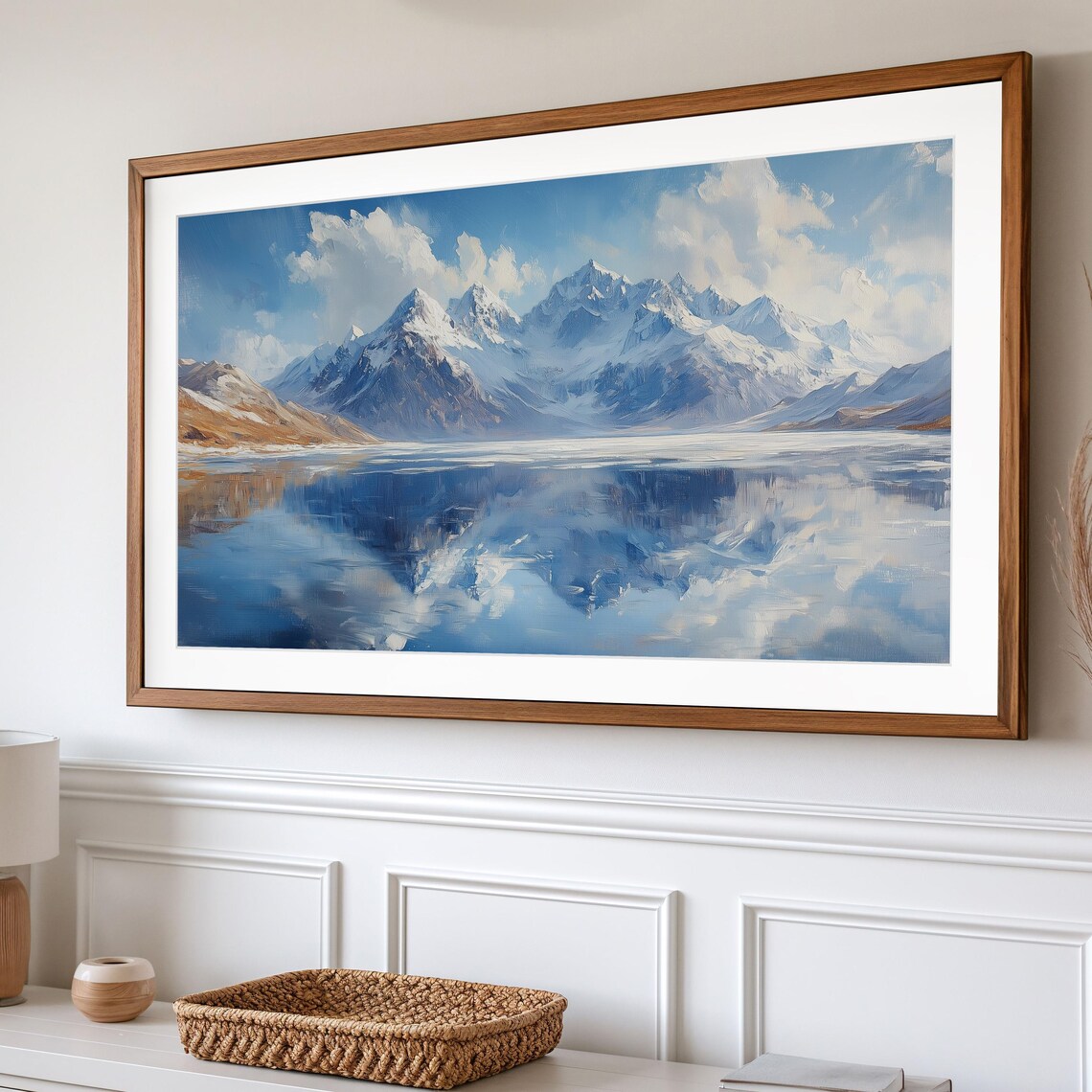 Snowy Mountain Range Mirror Lake Daytime Reflection Blue Sky Peaks Poster - Image 2