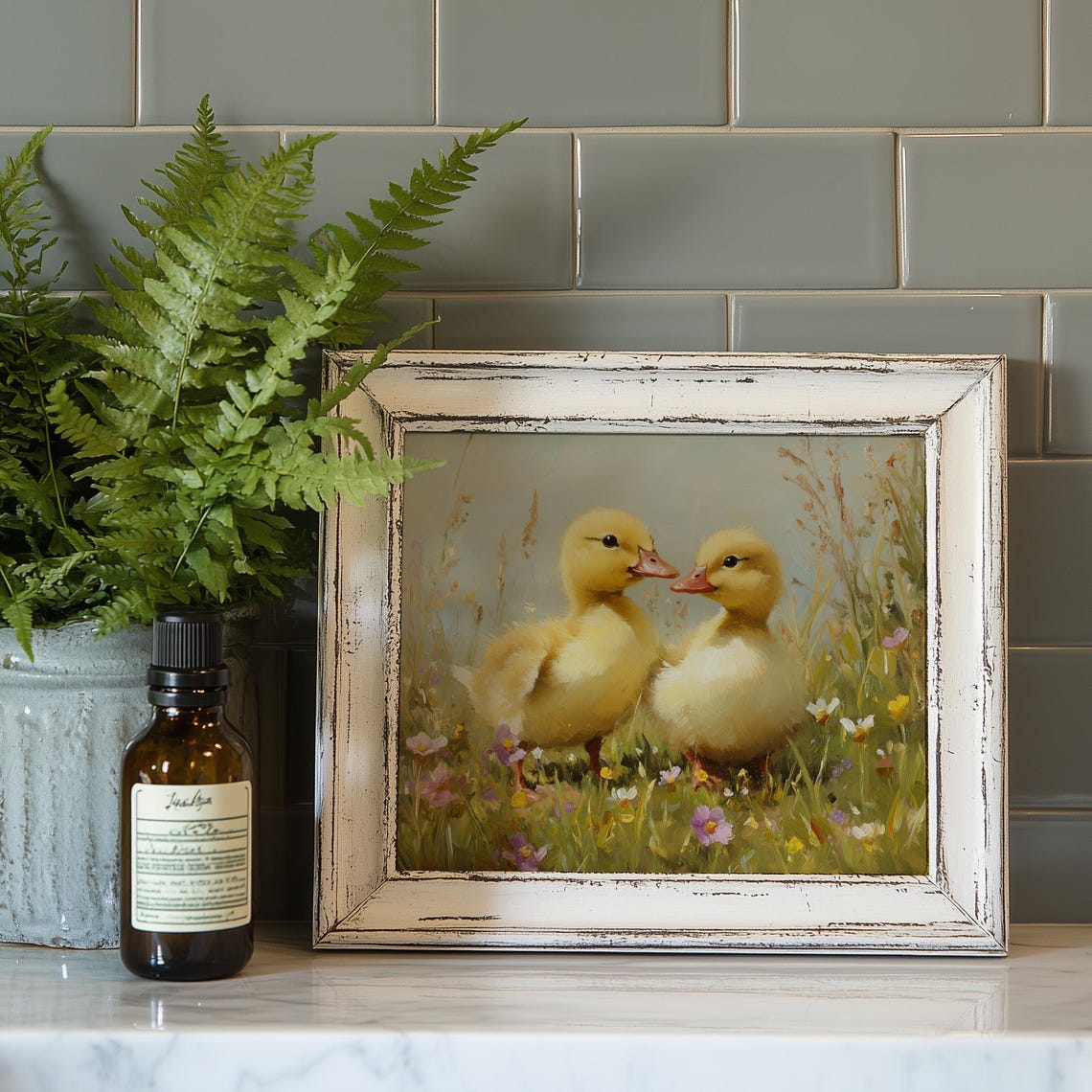 Two Baby Ducklings Beak to Beak Wildflower Meadow Spring Art Poster - Image 4