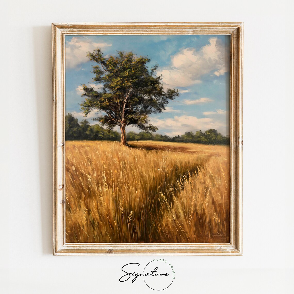 Lone Tree Golden Grain Field Blue Sky Summer Countryside Vintage Poster