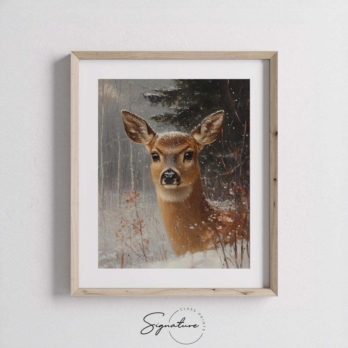 Doe Portrait in Snowy Forest Winter Wildlife Oil Painting Print - Image 2