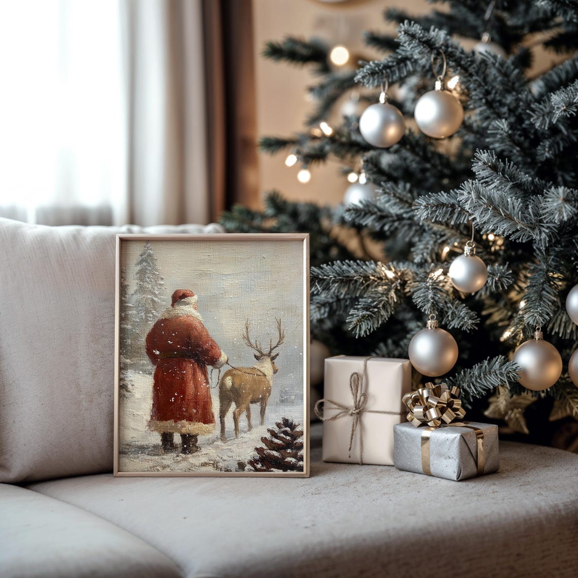 Santa Claus Walking Away With a Reindeer Through Falling Snow Poster - Image 5