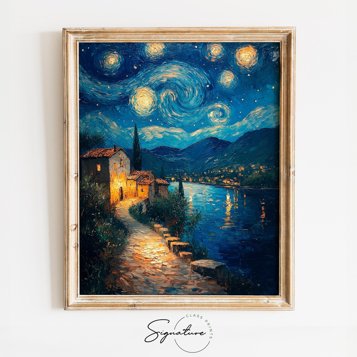 Starry Night Village Swirling Sky Lake Moonlight Oil Style Poster